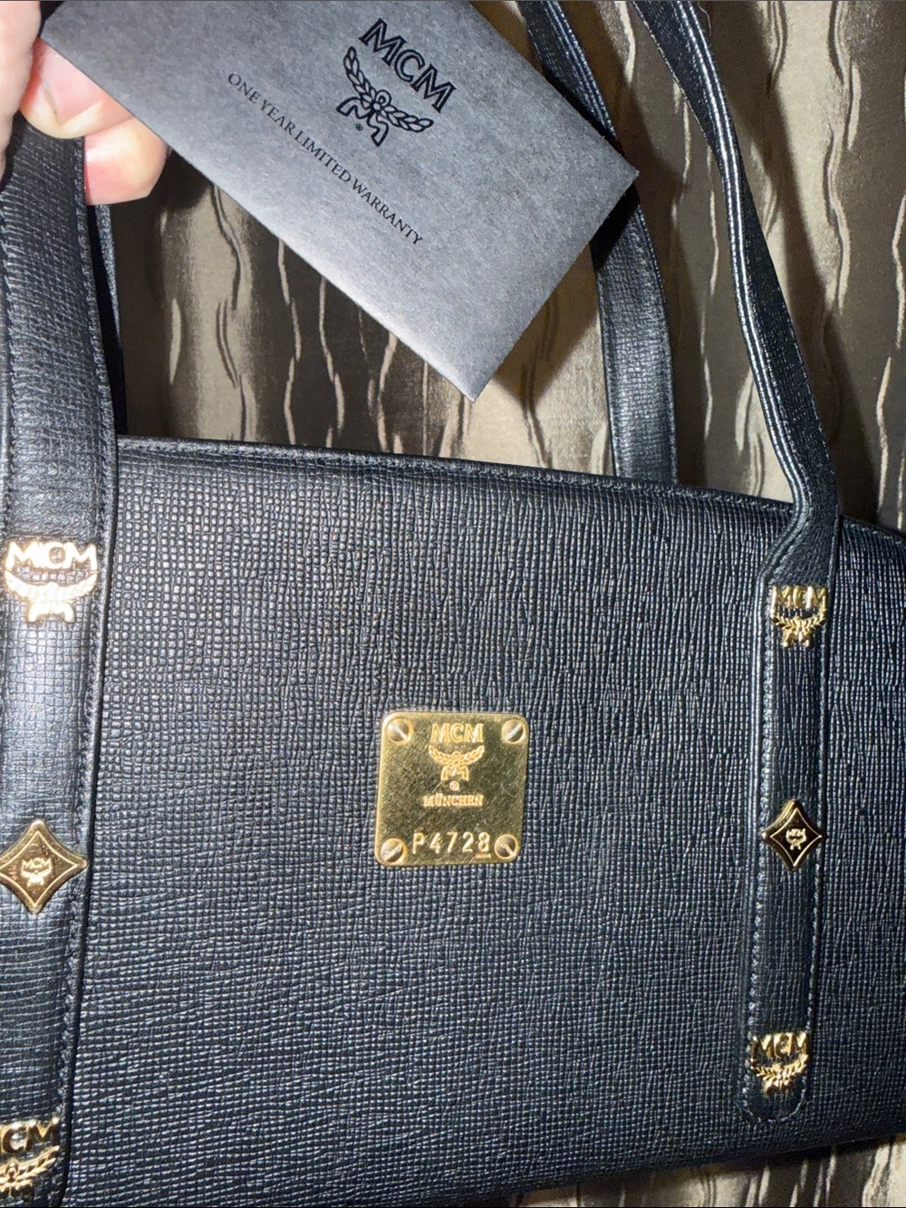 MCM Black Leather Satchel with Gold Logo Plate - Picture 12 of 13